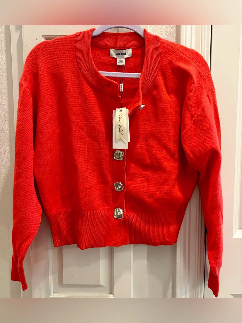 NWT JASON WU Red Cropped Cardigan with Silver-Tone Statement Buttons